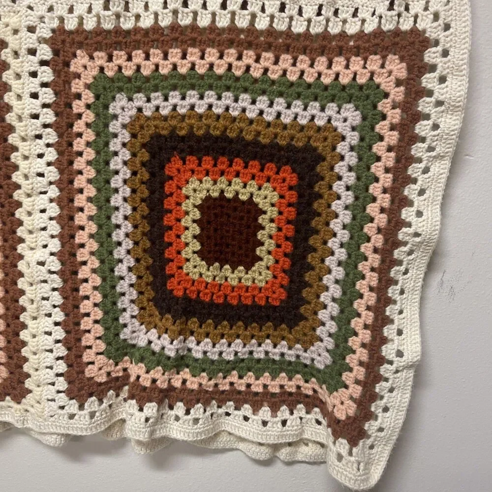 LARGE Granny Square Hand-Crochet Blanket Cream Pink Brown Sage 88x67 inches